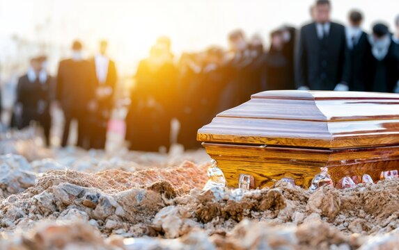 Emotional burial scene with polished wooden coffin at a funeral ceremony in soft sunset light