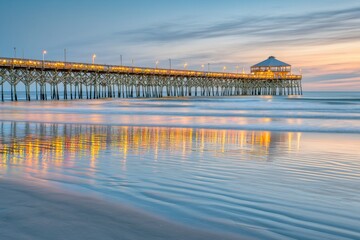 Fototapeta premium Stunning Coastal Pier at Sunset Reflecting Colorful Lights on Calm Water Surface