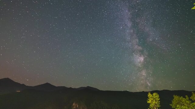 Time lapse: breathtaking Milky Way over a rugged mountain silhouette beneath a star-filled night sky, evoking wonder, exploration, solitude, infinity, tranquility, and connection with nature
