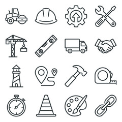 Fototapeta premium Construction, engineering, and creative work are represented by a collection of outline icons on a neutral white background.