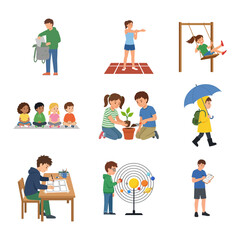 Fototapeta premium Set of flat vector illustrations featuring diverse children engaging in school and daily activities