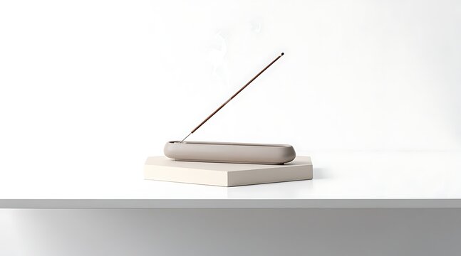 Minimalist Burning Incense Stick in Ceramic Holder on White Podium for Zen Meditation and Relaxation
