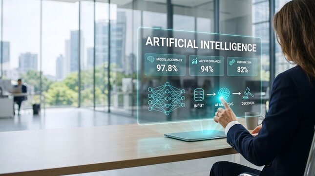 Woman gazing at artificial intelligence display reflected in modern building glass