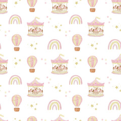 watercolor seamless pattern carousel, circus, kids delicate pink background © Alona