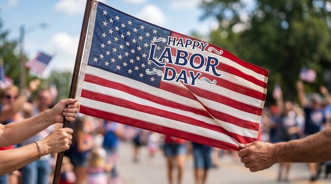 American flag with Happy Labor Day text is held by people during a patriotic street parade.