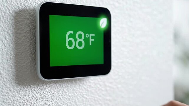 Woman adjusting smart wall thermostat temperature to energy saving eco mode indoors