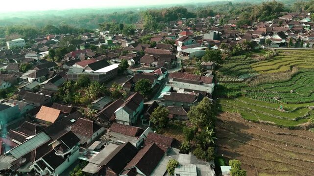 Aerial drone shot of a traditional rural village in Indonesia featuring dense rooftops and surrounding green agricultural fields and rice terraces.