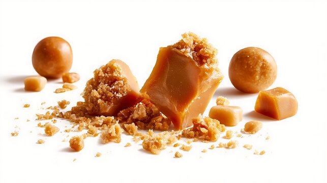Pieces of delicious salted caramel candy isolated on white background