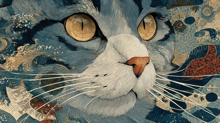 Fototapeta premium Artistic cat wallpaper with intricate patterns.