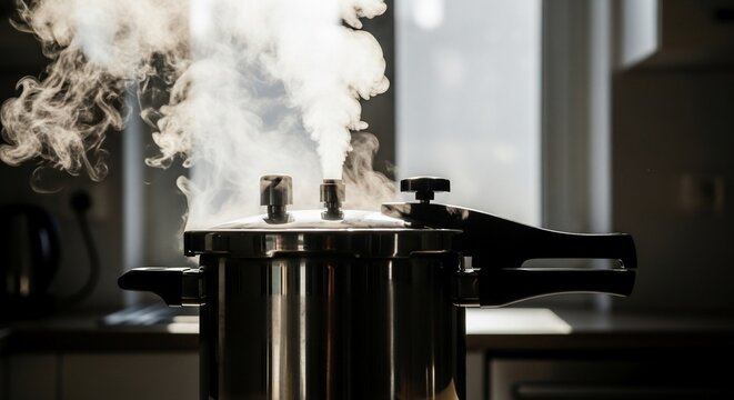 Pressure cooker releasing steam