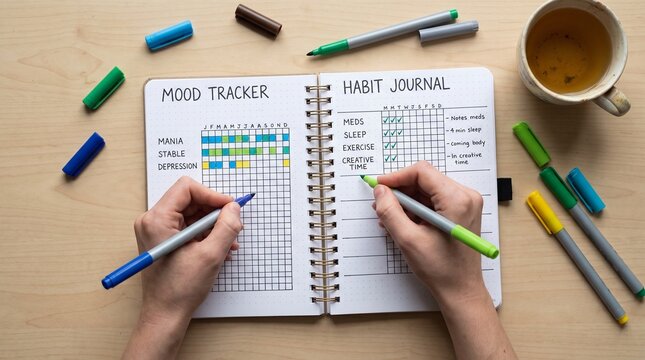 Top view of hands writing in mood tracker and habit journal with colorful markers.
