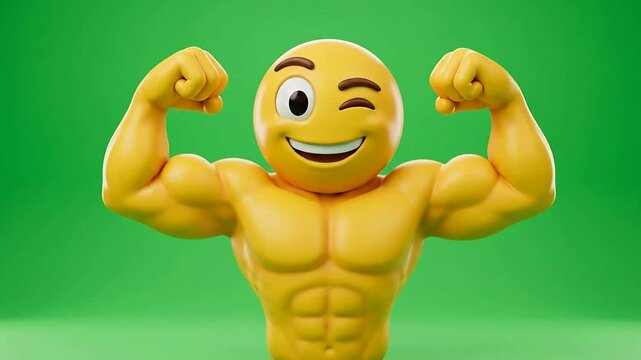 Muscular emoji figure with flexed arms and playful wink on green background