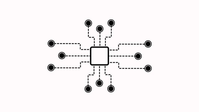 Sustainable futuristic networking icon loop animation on white background. CPU circuit board and dashed line for clean connection and data flow concept. Ideal for UI, network and navigation visuals