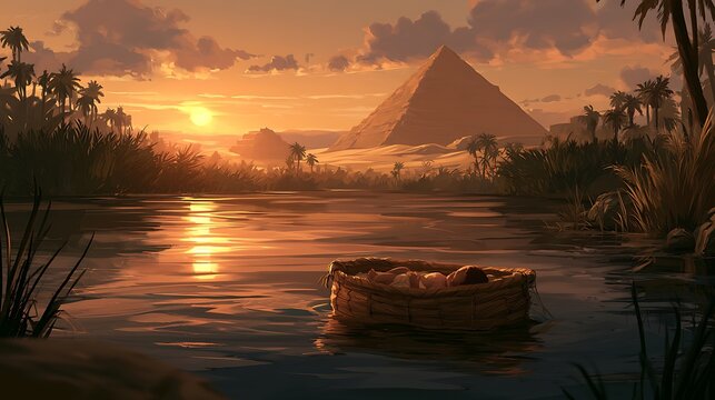 Baby moses in a basket floating on the nile river at sunset