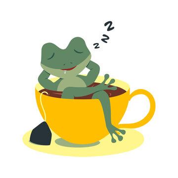 Cute tiny frog sleeping inside teacup illustration clipart
