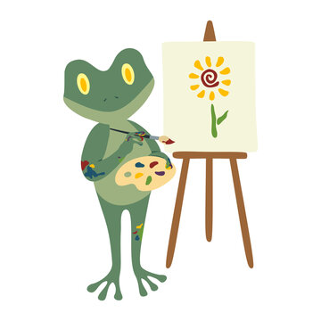 Cute artist frog holding paintbrush color palette clipart