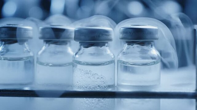 Medical glass vials stored in liquid nitrogen vapor in laboratory research space.