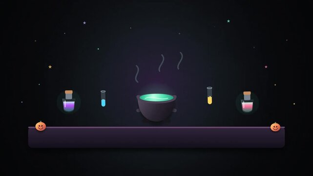 Witch's cauldron bubbling with magical potion surrounded by potion bottles on dark background with stars