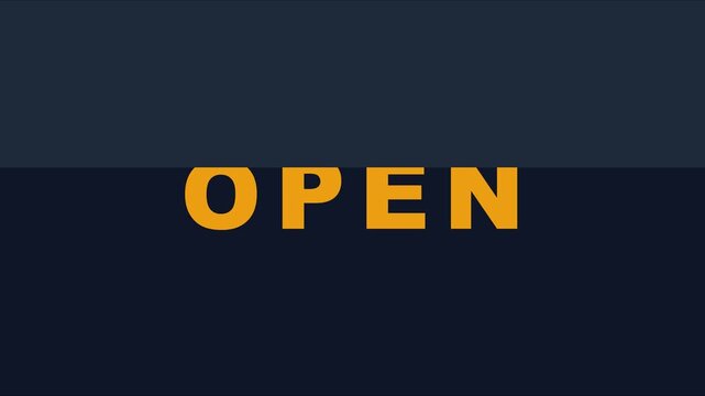 Modern open sign animation with sliding dark blue 4k background, for business hours, and retail storefront announcements