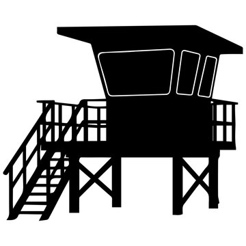 Black lifeguard tower silhouette with stairs for beach safety and coastal rescue stations.