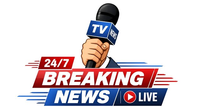 24/7 Breaking News Live Broadcast Graphic Vector Illustration with Hand Holding Microphone