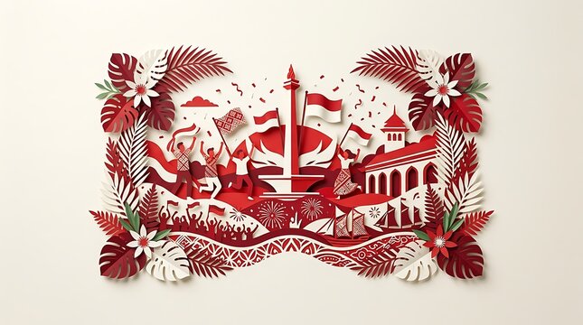 Indonesian Independence Day Paper Cut Art with Monas Monument and Red White Flags