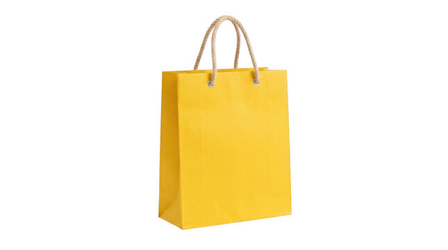 Bright yellow paper shopping bag with rope handles for retail gifts isolated on transparent background