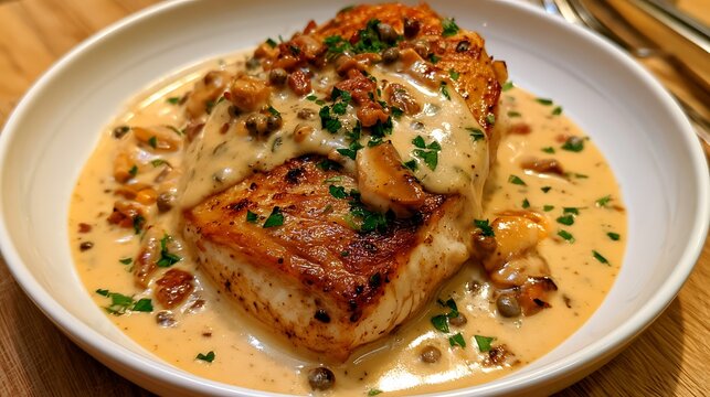 Panseared white fish fillet with creamy mushroom and caper sauce