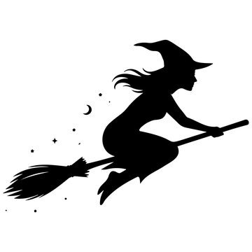 Flying witch on broomstick black silhouette with moon and star accents for holiday art.