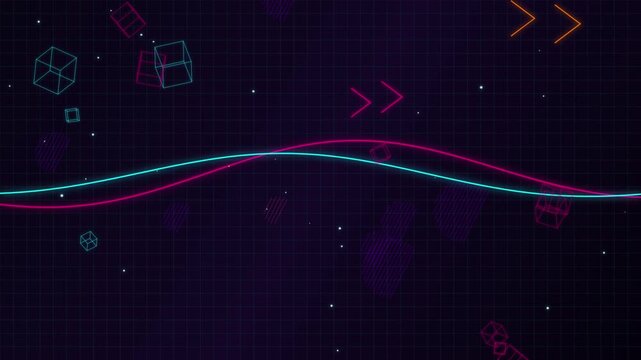 Retro synthwave animation featuring floating neon geometric cubes and flowing light waves moving across dark digital grid backdrop for futuristic music visuals.