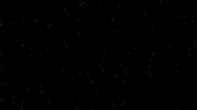 Abstract gold dust particles floating slowly on black background footage for digital motion graphics design and festive particle effect overlays for composition.