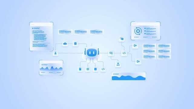 Futuristic AI workflow automation system with ai agent and data flow network interface, looped animation