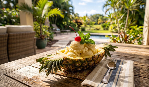 Traditional pineapple coconut sorbet served in a hollowed pineapple boat garnished with maraschino cherry and mint sprig,