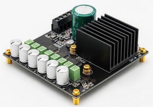 Power supply module with heatsink and capacitors isolated on white background