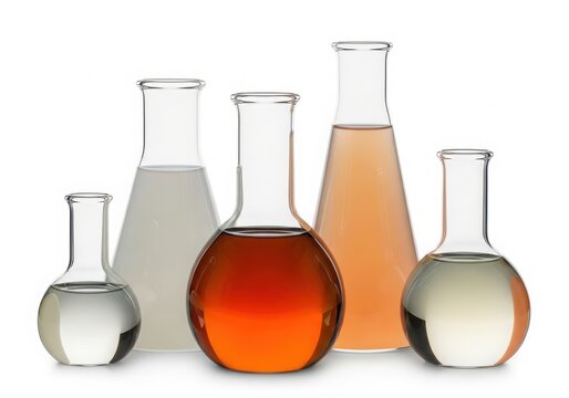 Four colored lab flasks with liquids isolated on white background