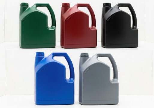 Five colored plastic jerry cans with handles isolated on white background