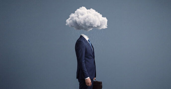 Businessman headless body wearing dark blue formal suit standing under grey rainy cloud isolated on dark background illustrating corporate depression stress and mental work burnout
