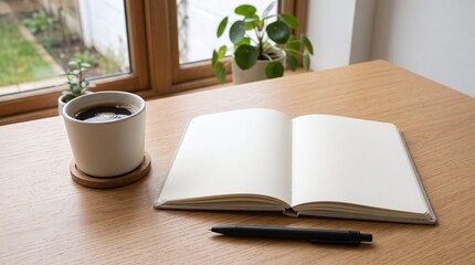 Fototapeta premium Open Notebook, Coffee Cup, Pen on Wooden Desk by Window