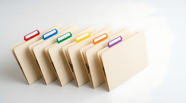 Set of Manila File Folders with Multi-Colored Tab Labels Arranged in a Row on a White Desk for Efficient Office Document Organization and Filing