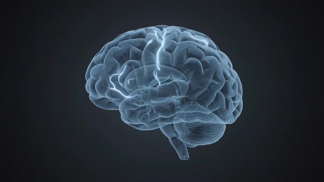 3D wireframe human brain glowing in dark with neural network connections and digital data flow