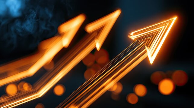 Glowing orange arrows surge upwards, representing growth and progress