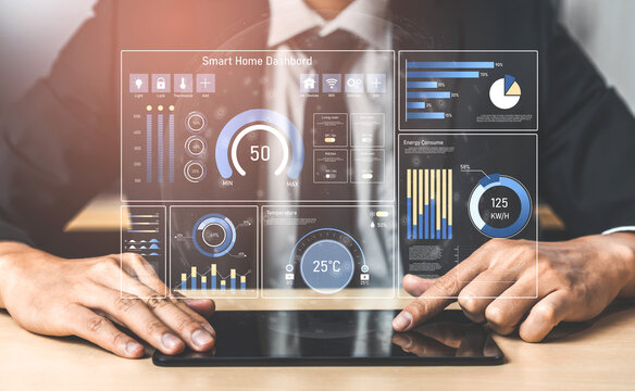 Smart home dashboard manages IoT system. Smart home dashboard controls temperature, dashboard tracks energy, smart home handles devices, and smart home dashboard monitors data. Vouch