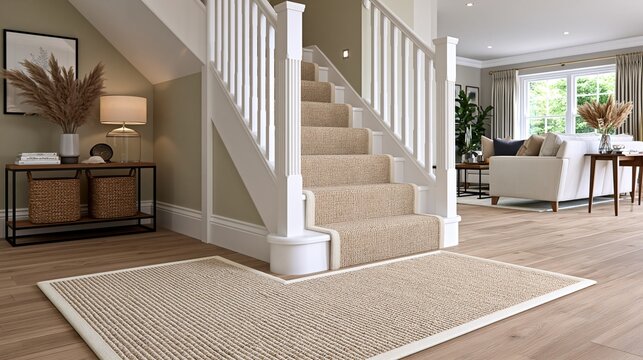 Bright traditional residential entrance with white staircase woven beige stair runner and console table shows modern cozy home interior design