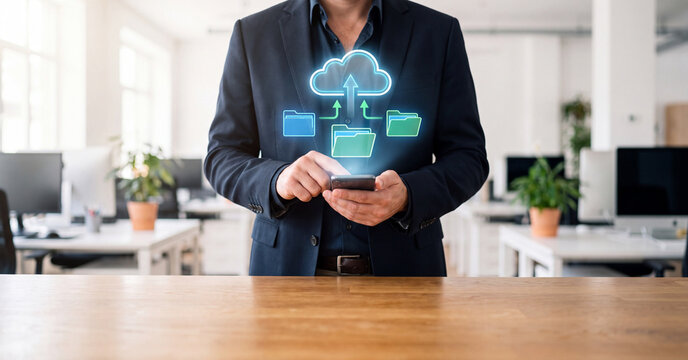 Businessman using smartphone to manage cloud file storage system with glowing digital icons in a modern office environment during a professional corporate workday photo session