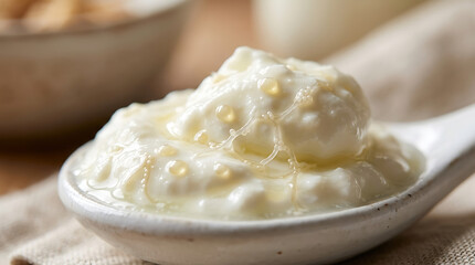 Fototapeta premium Fresh cottage cheese with honey in ceramic spoon on rustic cloth, breakfast