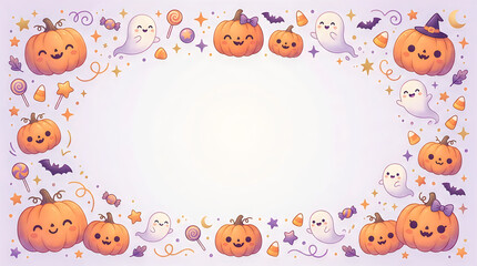 Fototapeta premium Happy cartoon pumpkins with halloween accessories and cute faces on transparent background