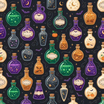 Colorful collection of magical potion bottles on dark background
