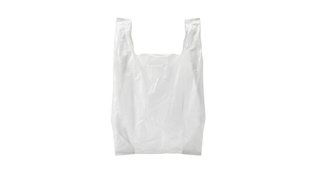 Empty white plastic shopping bag with handle isolated on transparent background