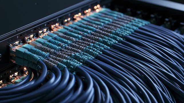 A network patch panel combed into perfectly parallel cables with refined detail and soft illumination, modern technology and digital innovation concept