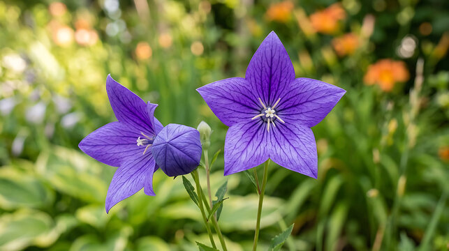 Vibrant Purple Platycodon Grandiflorus Balloon Flowers in a Sunny Garden